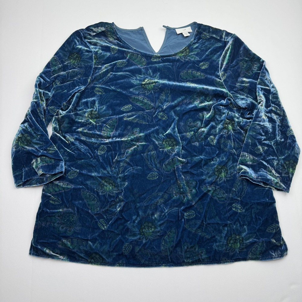 J.Jill Shirt Womens Petite Small Blue Velvet Floral 3/4 Sleeve V-Neck Tunic